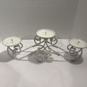 3 Pillar Candle Holder White Distressed Wrought Iron, Shabby Chic French Country